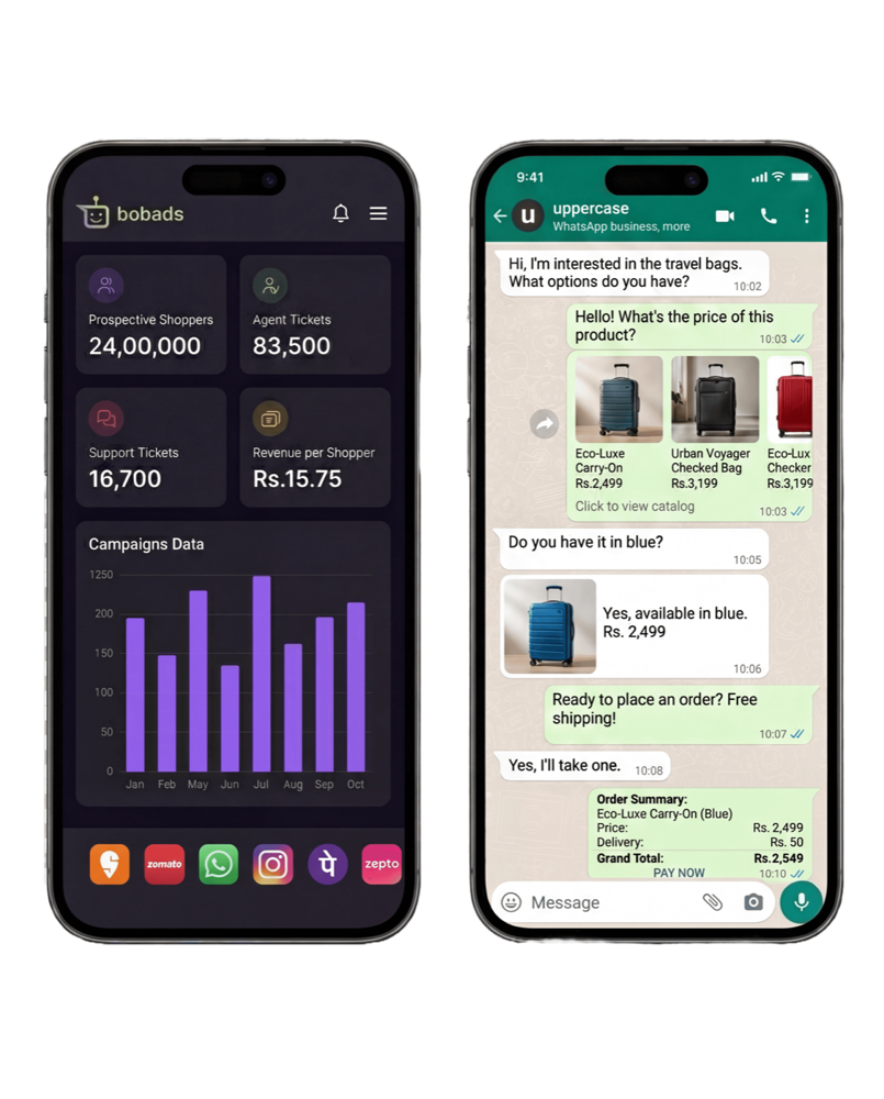 Campaign dashboard and WhatsApp storefront on phones